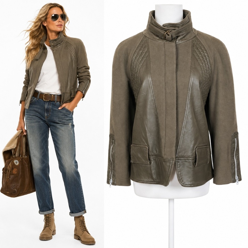 Vintage Alberta Ferretti Wool Cashmere Leather Bomber Jacket Army Green Italy M